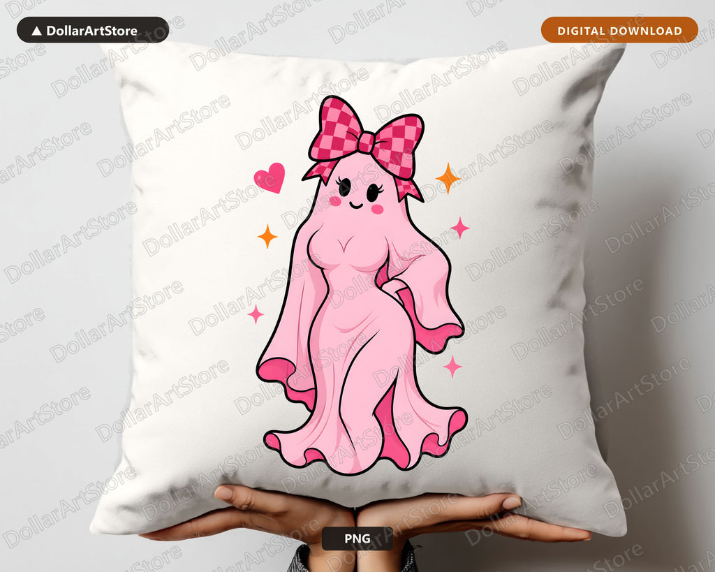 Cute Pink Ghost PNG Sublimation Design, Bow Checkered Shirt Print Digital Download