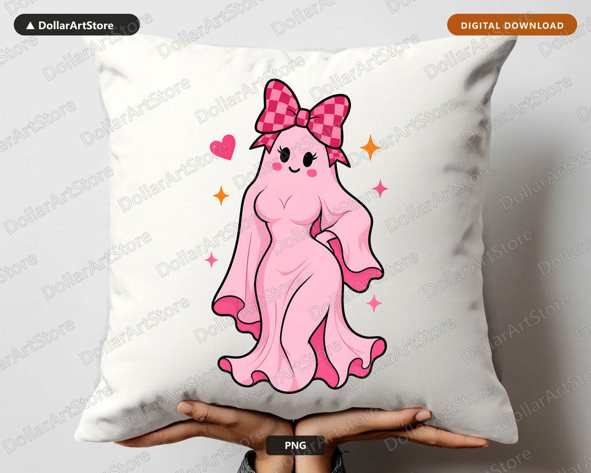 Cute Pink Ghost PNG Sublimation Design, Bow Checkered Shirt Print Digital Download