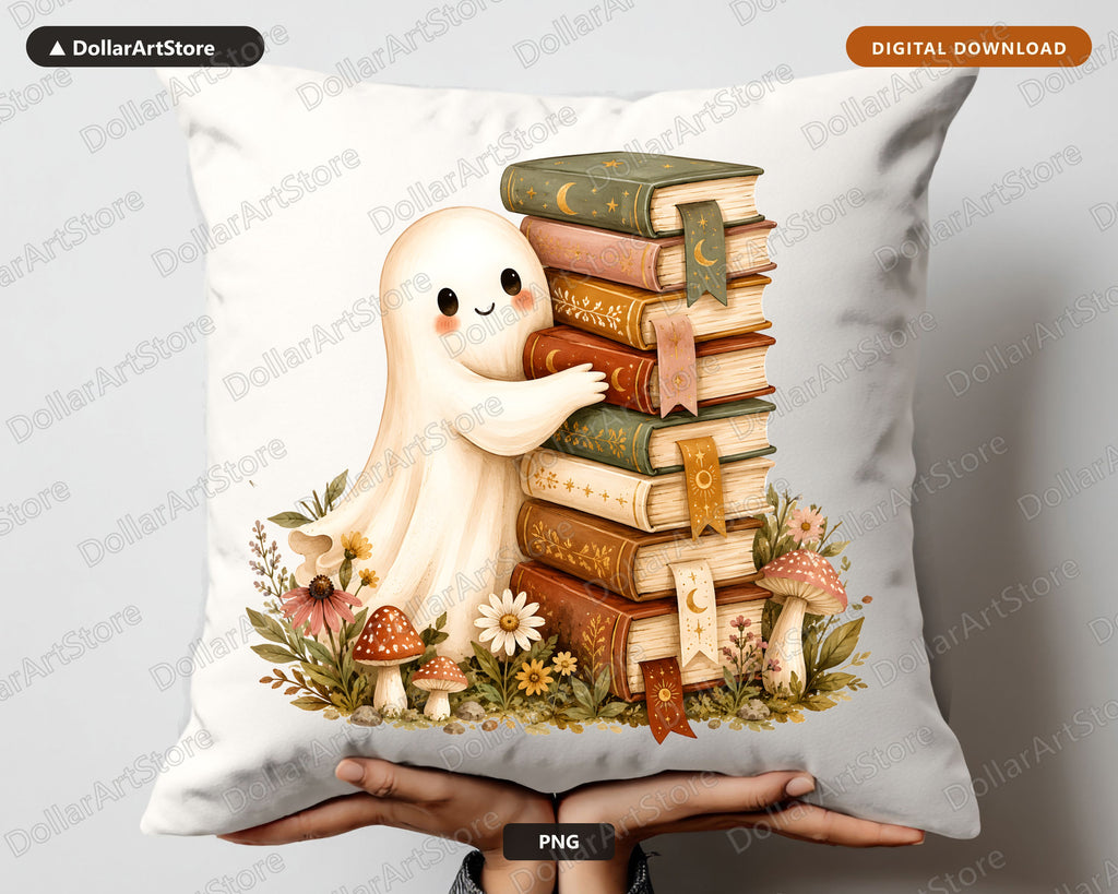 Bookish Ghost PNG, Whimsical Library Design, Sublimation Download