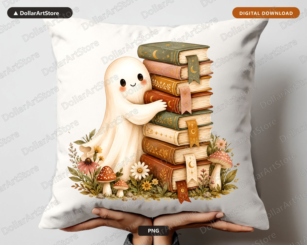 Bookish Ghost PNG, Whimsical Library Design, Sublimation Download