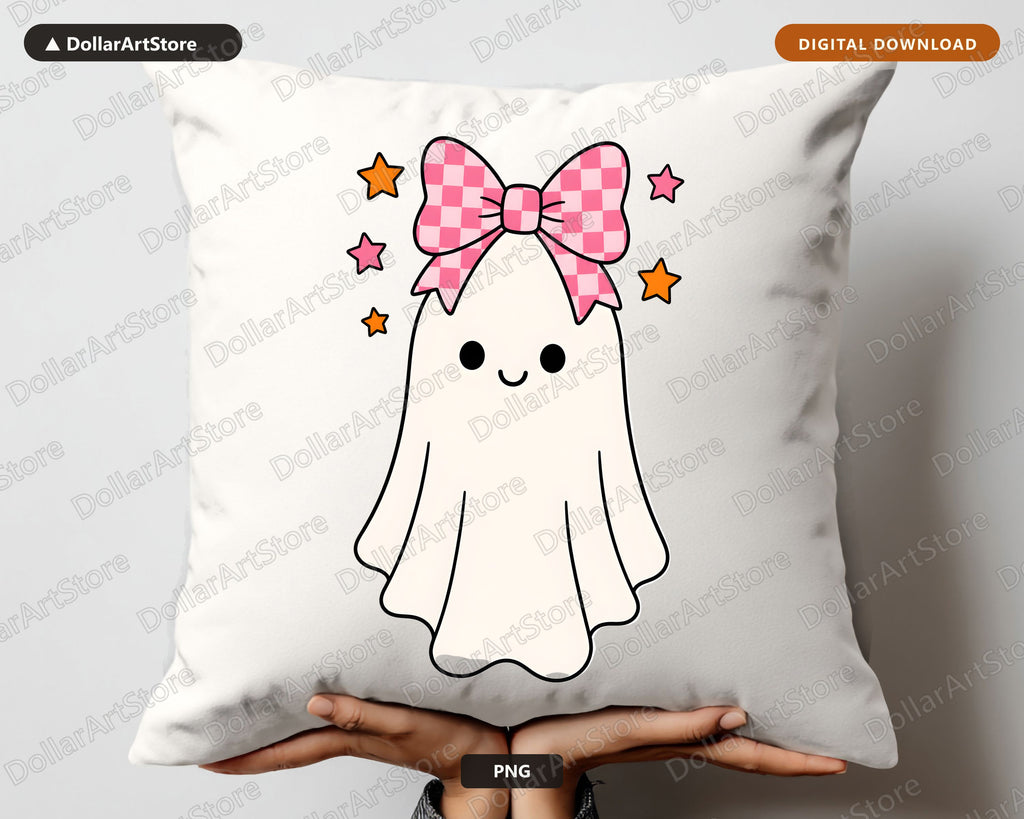 Cute Ghost PNG with Pink Bow, Halloween Sublimation Design, Digital Download