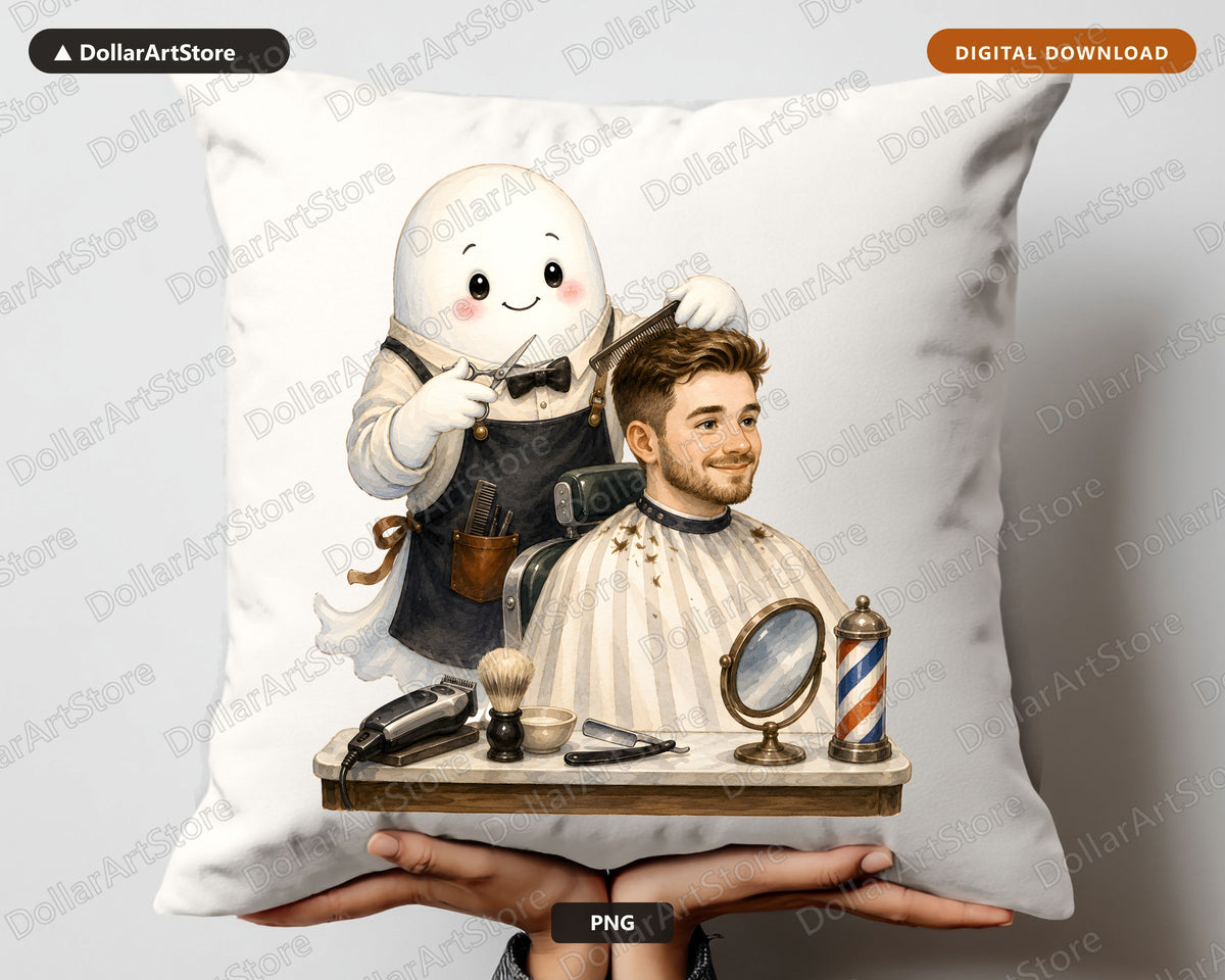 Cute Ghost Barber PNG, Sublimation Design, Shirt Design Digital Download