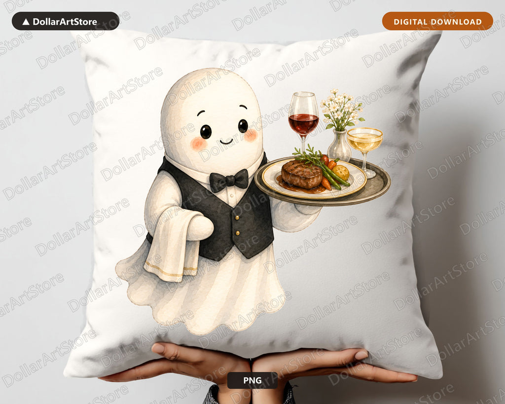 Cute Ghost Waiter PNG, Sublimation Design, Shirt Design Digital Download
