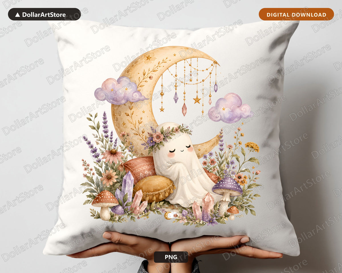 Boho Ghost PNG Sublimation Design, Whimsical Moon Art Digital Download