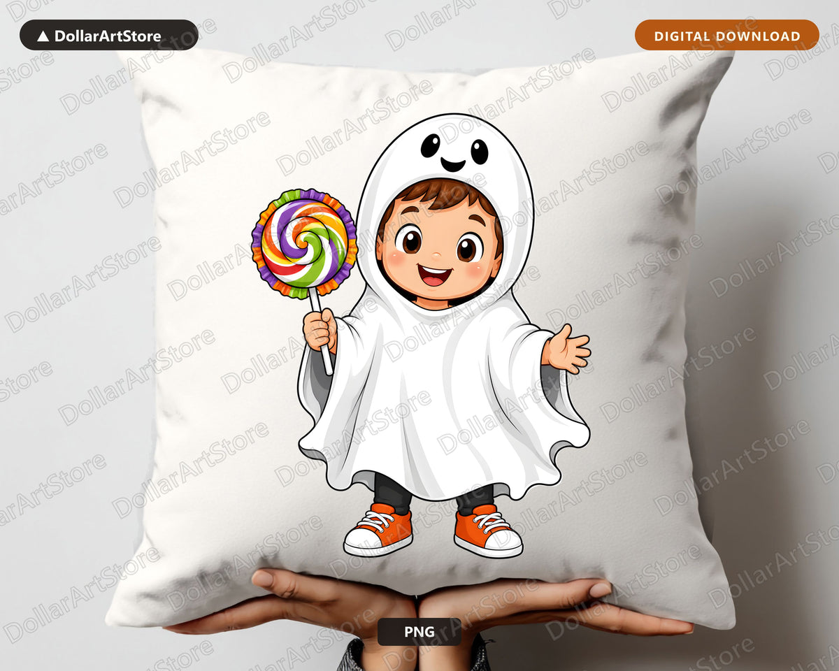 Cute Ghost Costume Kid PNG, Halloween Sublimation Design, Shirt Design Digital Download