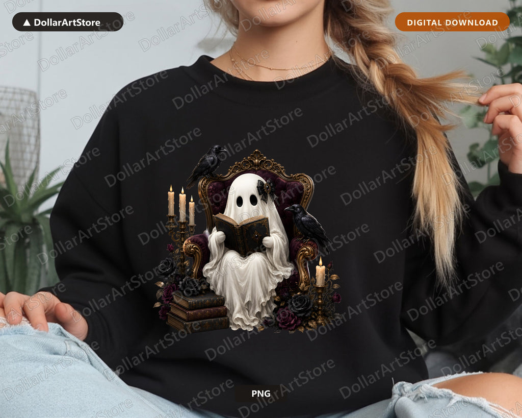 Bookish Ghost PNG, Dark Academia Sublimation Design, Halloween Shirt Design Digital Download