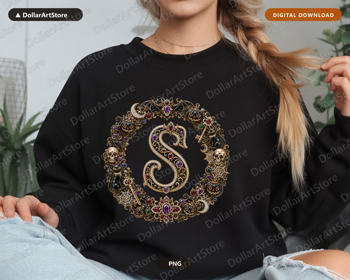 Halloween Monogram S PNG, Gothic Ornate Design, Sublimation Print