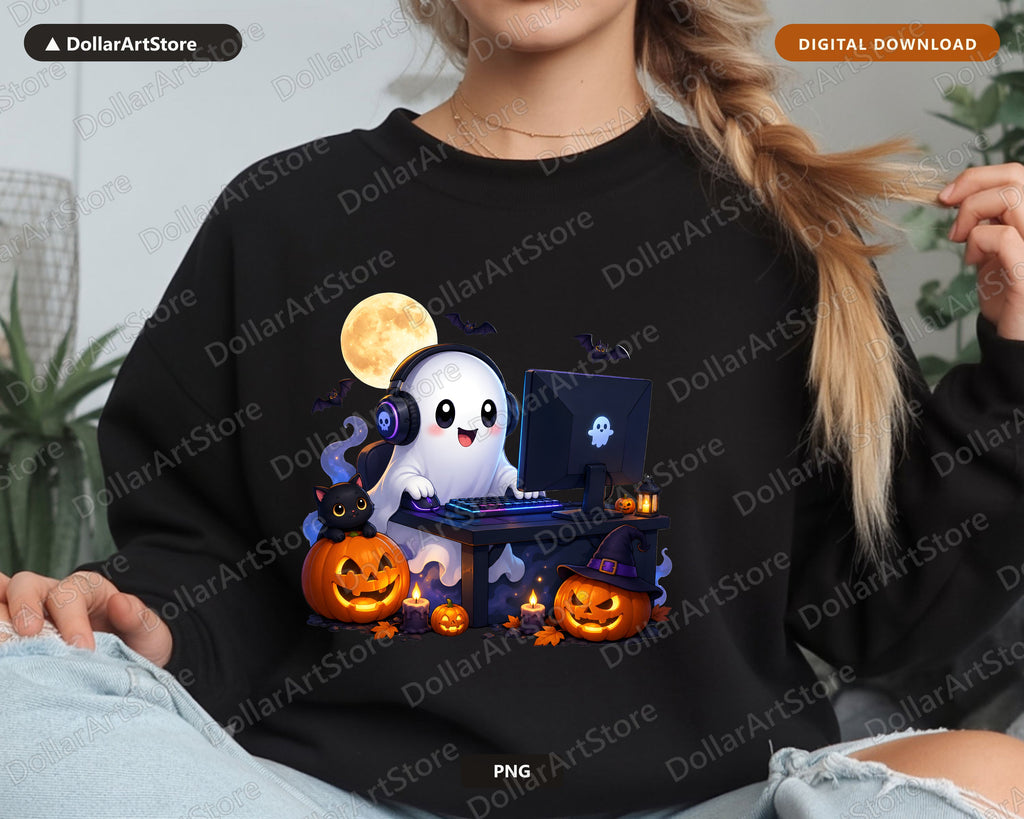 Cute Gaming Ghost PNG, Halloween Sublimation Design, Gamer Shirt Design Digital Download
