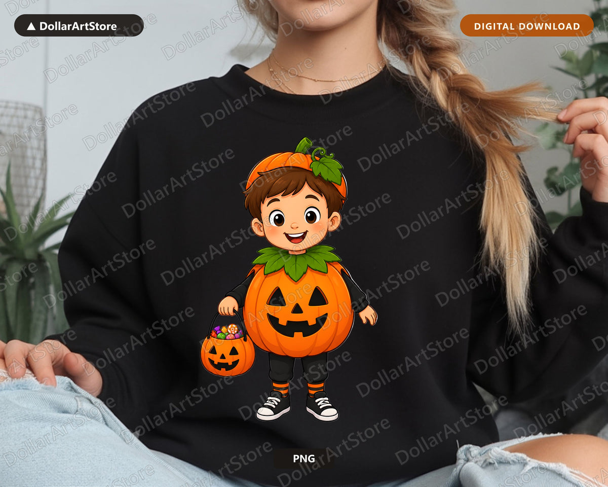 Cute Pumpkin Costume Kid PNG, Halloween Sublimation Design, Shirt Design Digital Download