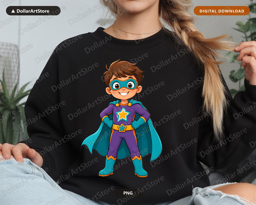 Cute Superhero Boy PNG, Kids Character Design, Shirt Design Digital Download