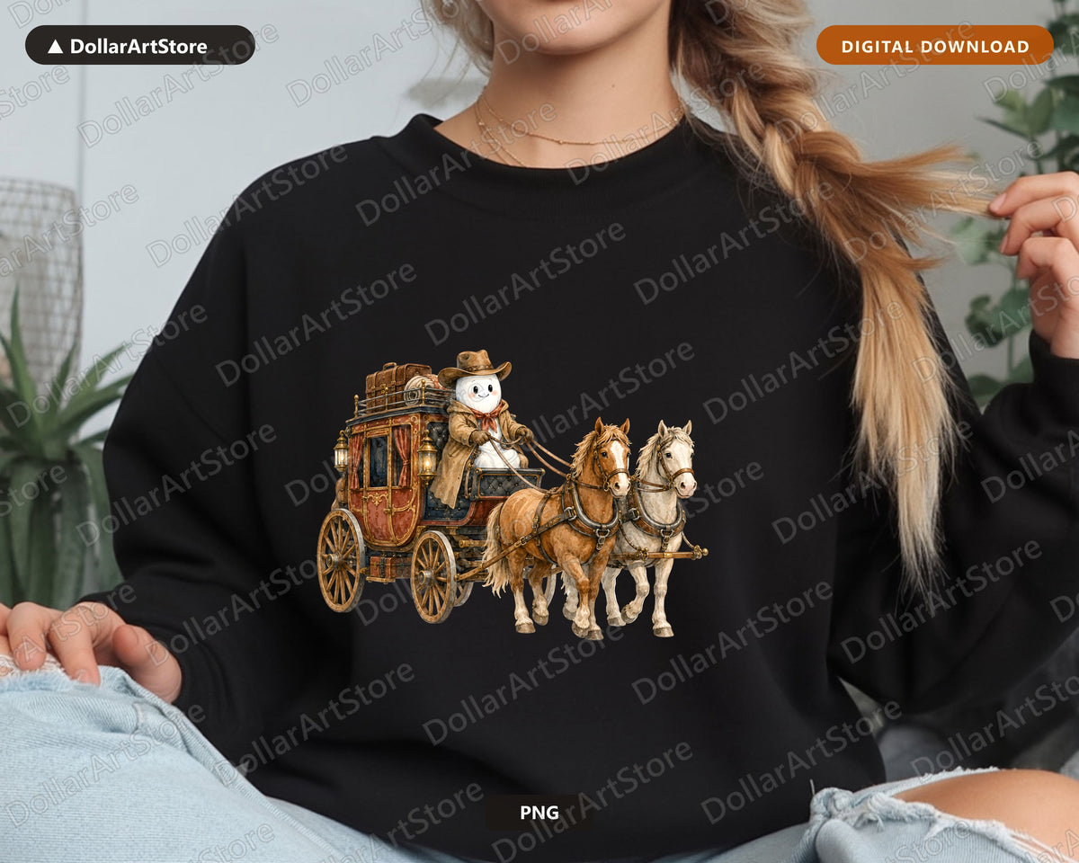 Western Ghost Cowboy PNG, Stagecoach Design, Sublimation Digital Download