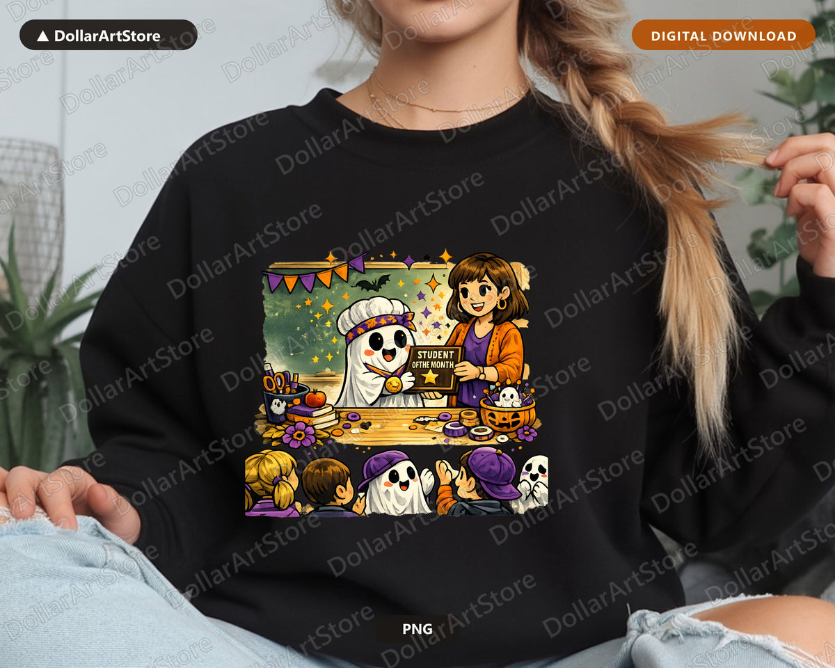 Cute Halloween Ghost PNG, Student of Month, Sublimation Design Digital Download