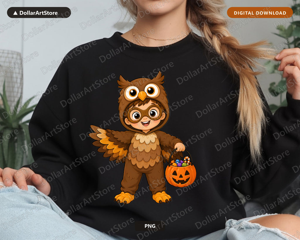 Cute Owl Halloween Costume Kid PNG, Sublimation Design Digital Download