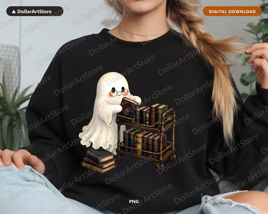 Bookish Ghost PNG Sublimation Design, Library Cart Shirt Print Digital Download