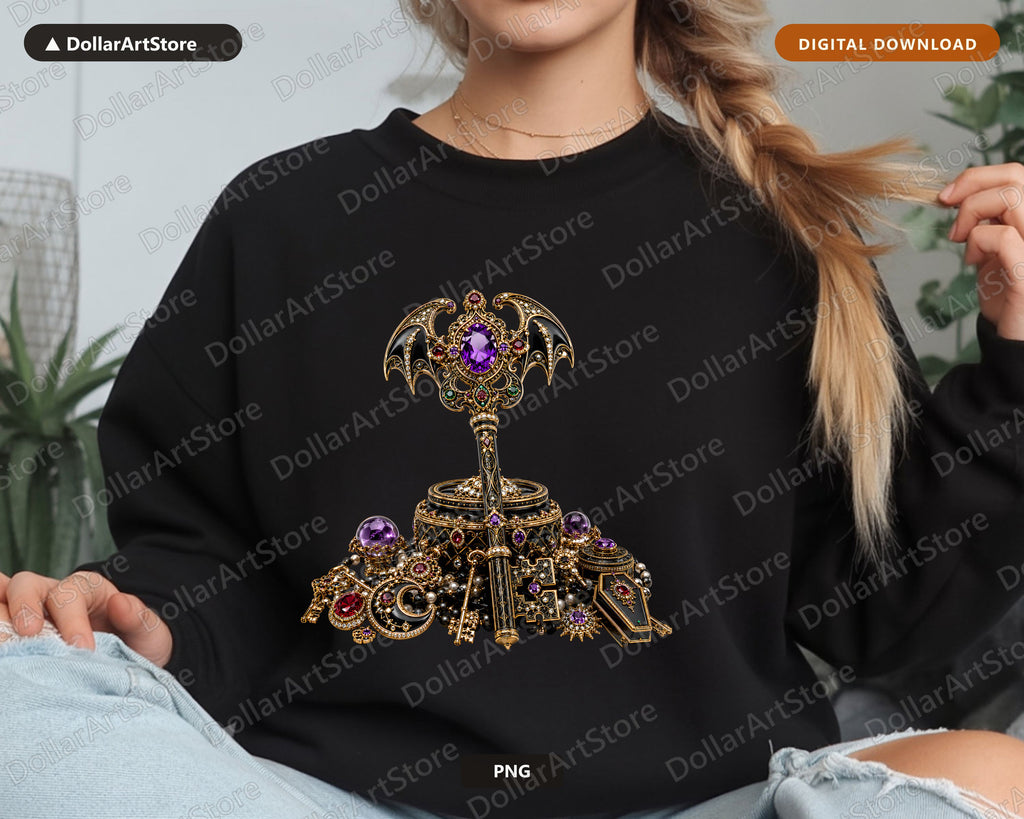 Gothic Bat Jewel PNG, Ornate Dark Fantasy Sublimation Design Digital Download