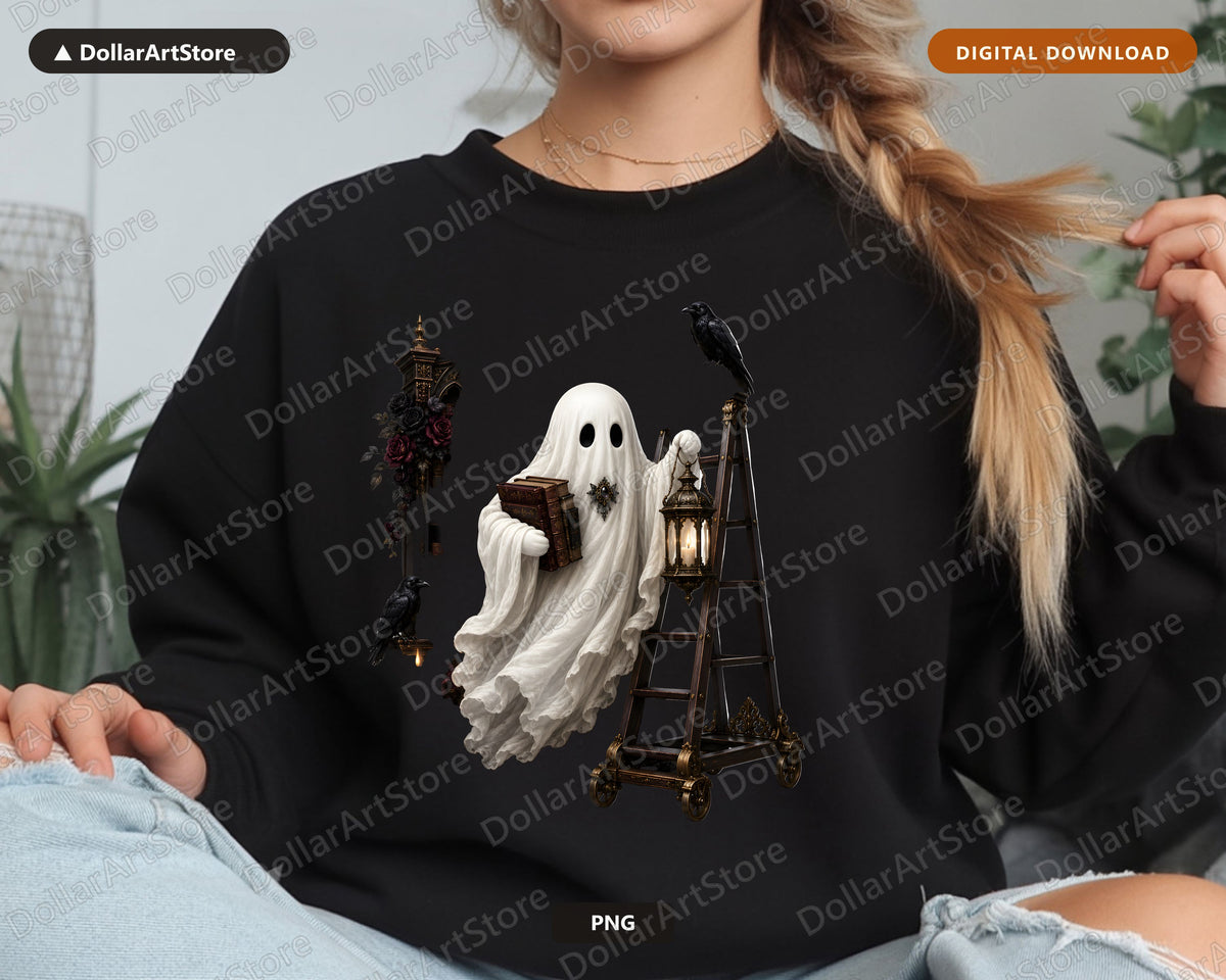 Bookish Ghost PNG Sublimation Design | Gothic Halloween Shirt Design Digital Download