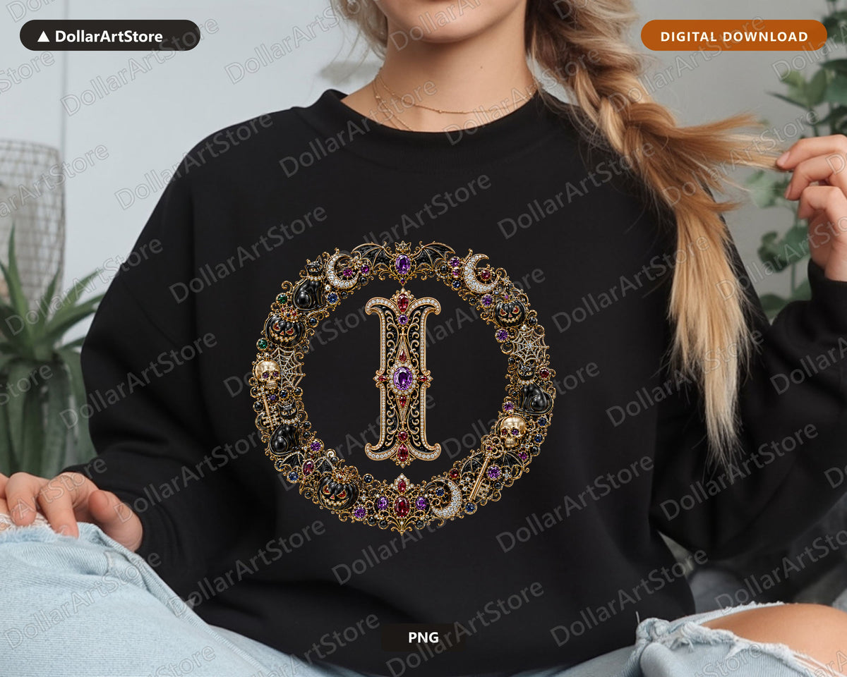 Halloween Monogram I PNG, Ornate Gothic Letter Design, Transparent Background Digital Download