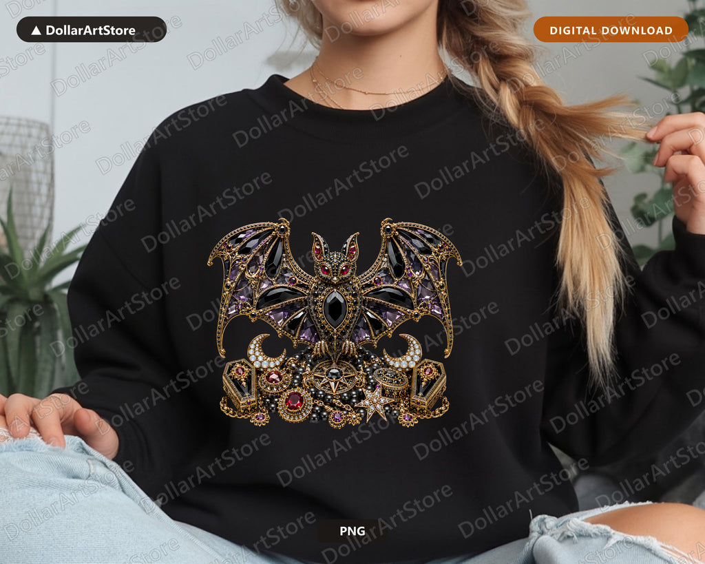 Gothic Bat PNG, Ornate Jeweled Design, Sublimation Shirt & Tumbler Print