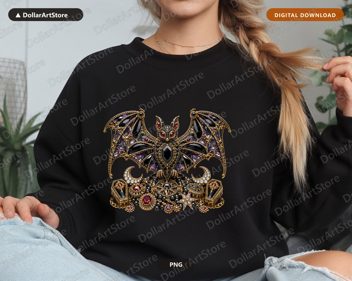 Gothic Bat PNG, Ornate Jeweled Design, Sublimation Shirt & Tumbler Print
