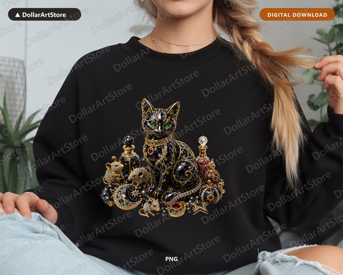 Gothic Black Cat PNG, Luxury Ornate Design, Sublimation Shirt Design Digital Download
