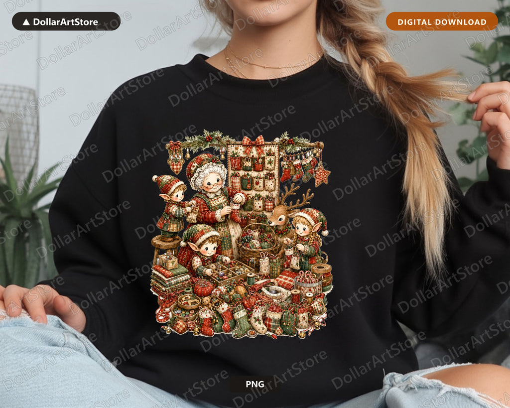 Santa Patchwork PNG, Vintage Christmas Elves, Sublimation Design Digital Download