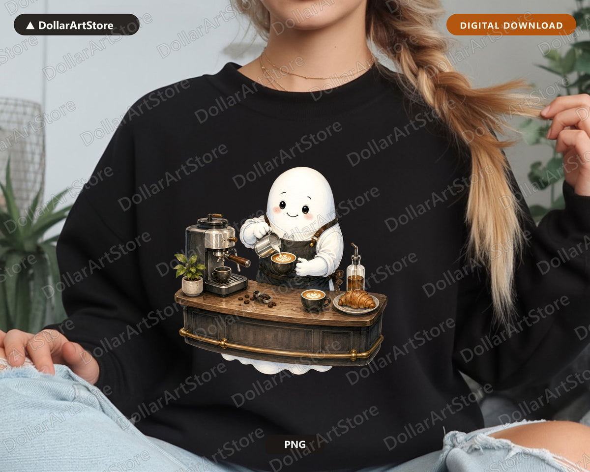 Cute Coffee Barista Ghost PNG, Sublimation Design, Shirt & Tumbler Design Digital Download