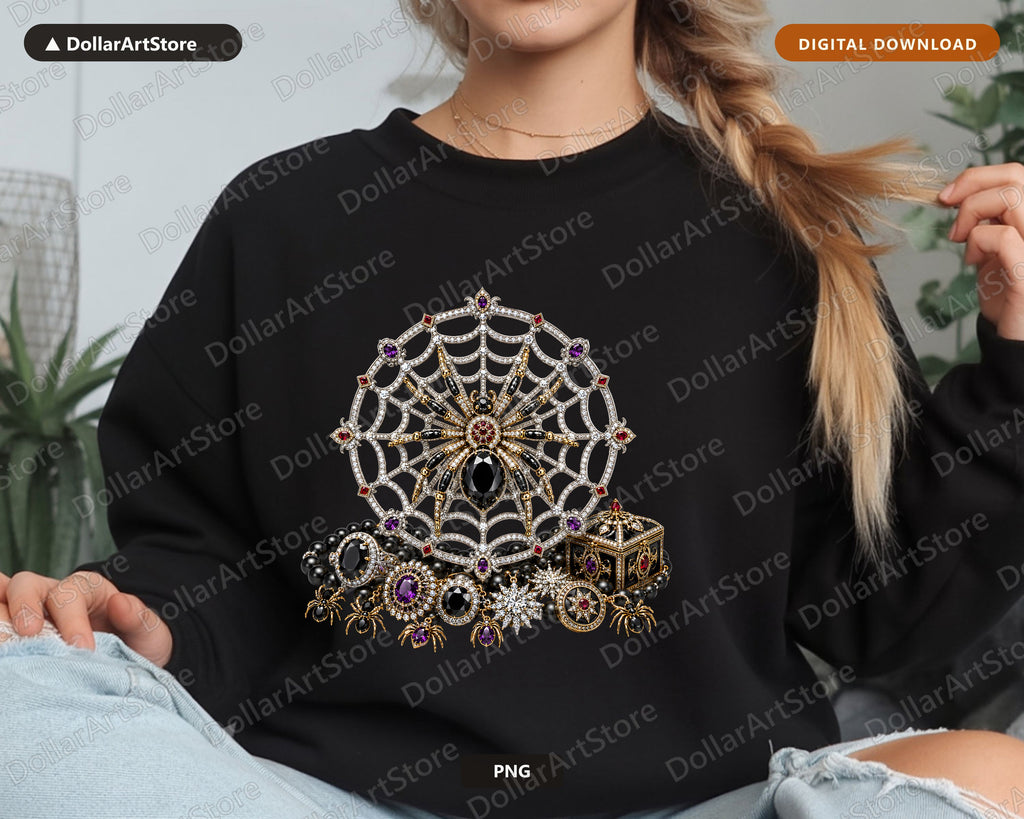 Gothic Spider Web Crown PNG, Jeweled Halloween Design, Sublimation Shirt Print