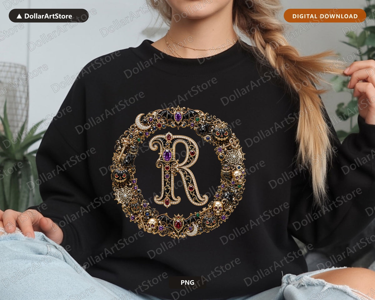 Halloween Monogram R PNG, Ornate Gothic Letter, Sublimation Design Digital Download