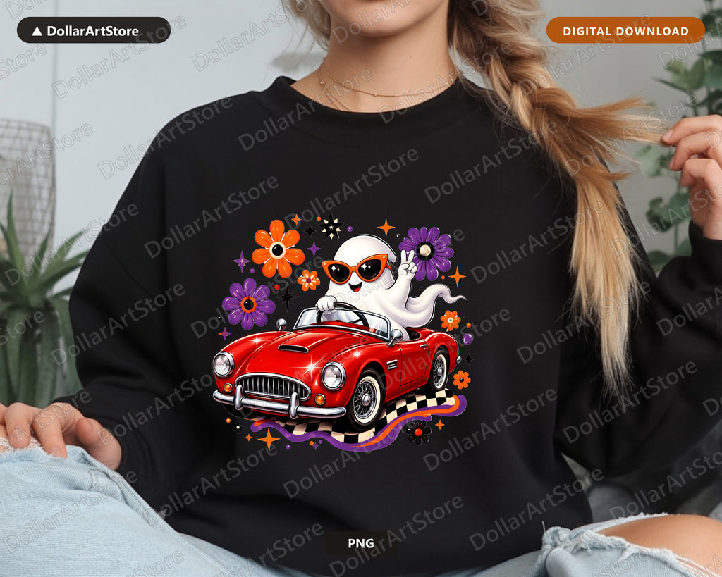 Cute Halloween Ghost PNG, Retro Car Design, Sublimation Digital Download