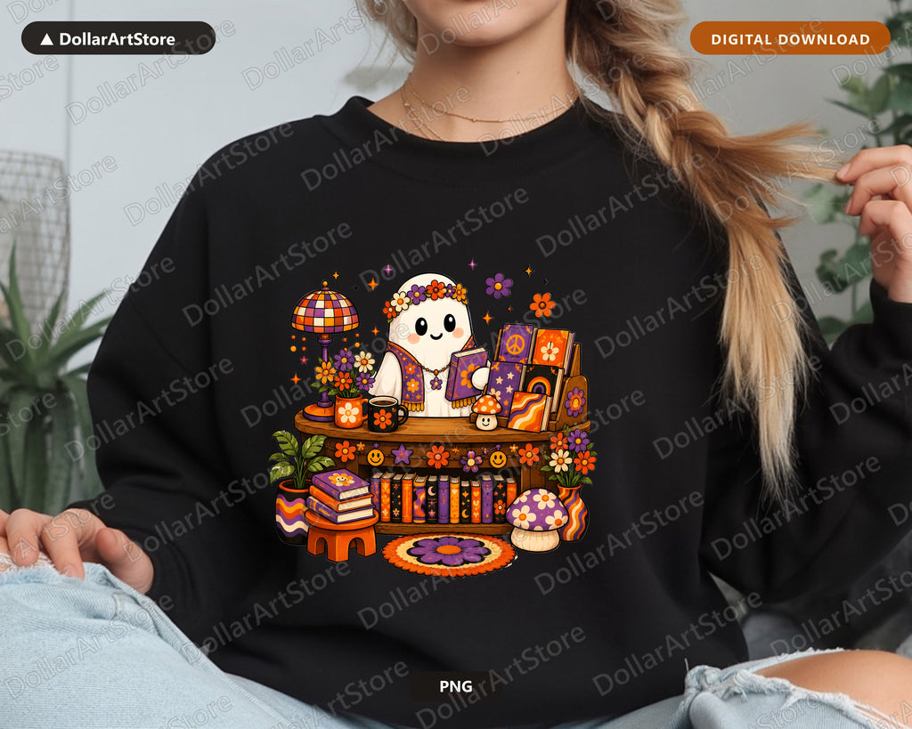 Groovy Bookish Ghost PNG, Sublimation Design, Retro Shirt Design Digital Download