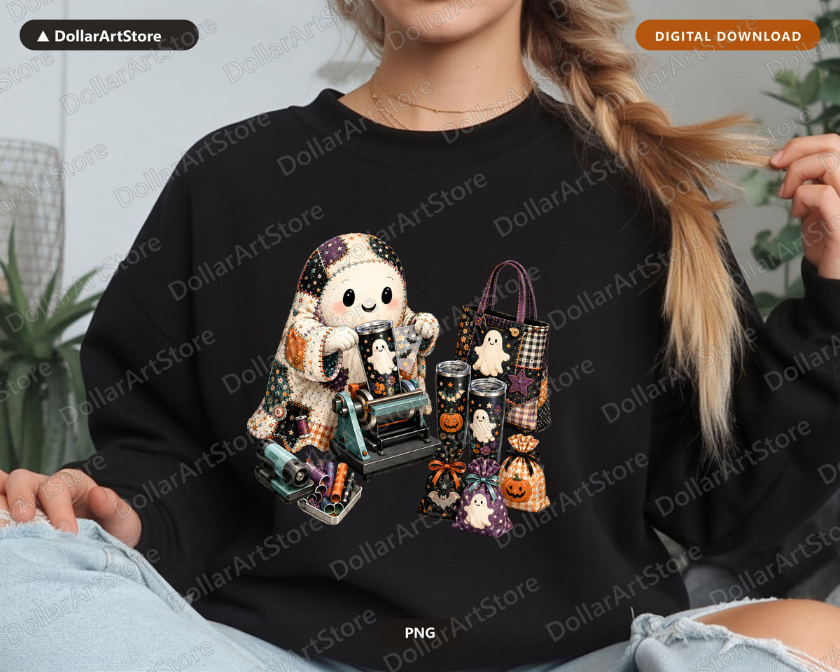 Cute Crafting Ghost PNG, Halloween Sublimation Design, Shirt Print Digital Download