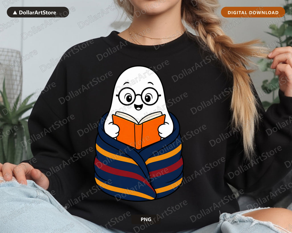 Bookish Ghost PNG, Cute Reading Character Design, Sublimation Digital Download