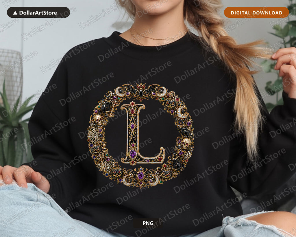 Halloween Monogram L PNG, Gothic Ornate Letter, Sublimation Design Digital Download