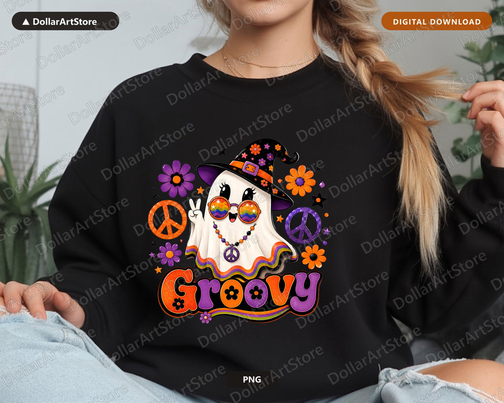 Cute Groovy Ghost PNG, Retro Halloween Shirt Design, Sublimation Instant Download