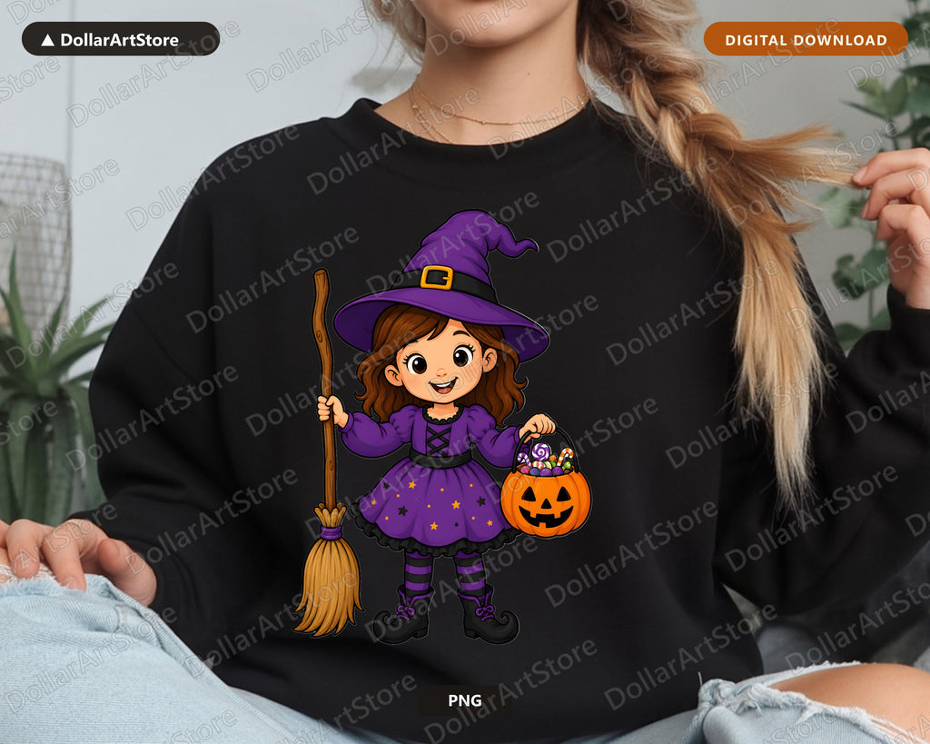 Cute Witch Kid PNG, Halloween Costume Design, Sublimation Shirt Download
