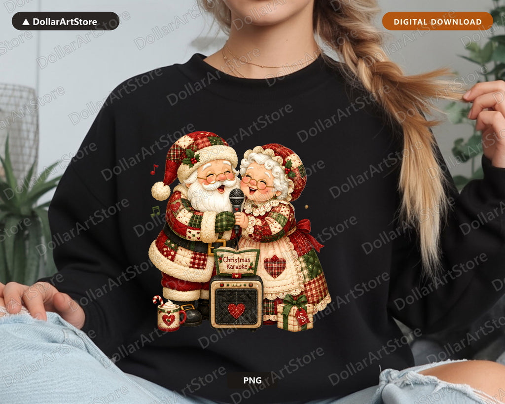 Santa & Mrs Claus Karaoke PNG, Patchwork Christmas Design, Sublimation Download
