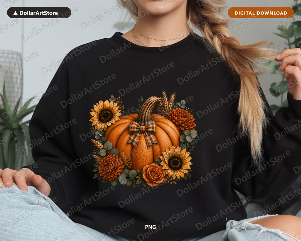 Autumn Pumpkin PNG, Fall Floral Sublimation Design, Shirt Print Digital Download