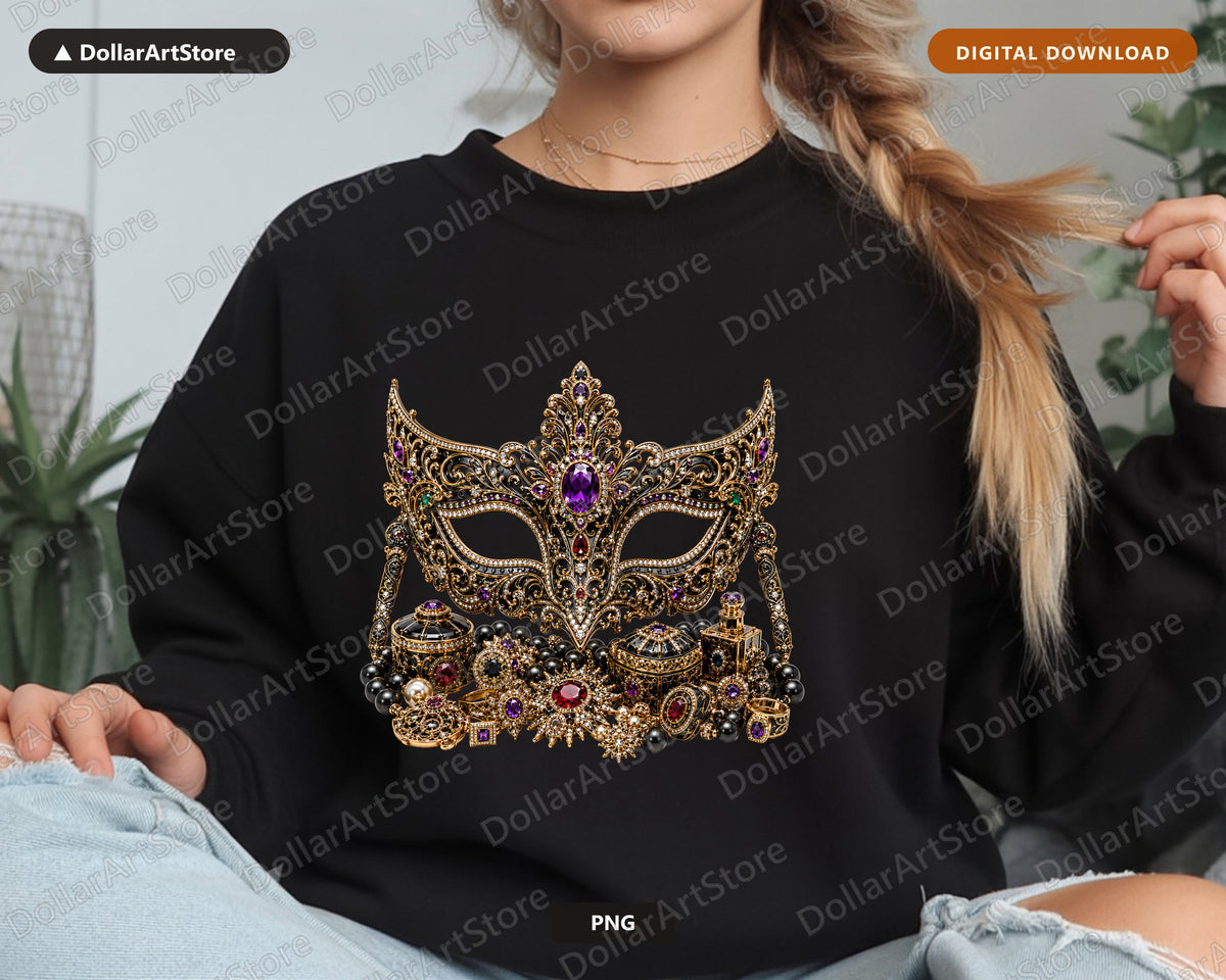 Gothic Masquerade Mask PNG, Jeweled Ornate Design, Sublimation Shirt PNG