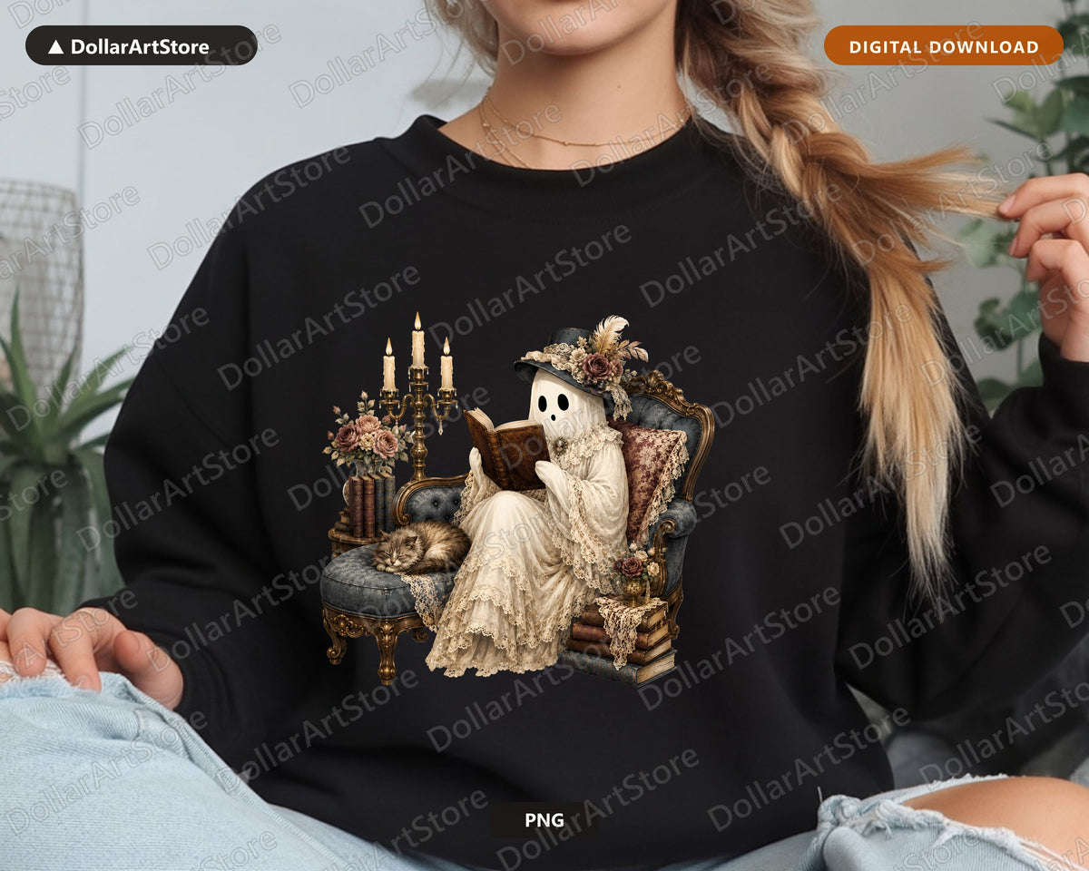 Bookish Ghost PNG, Vintage Gothic Sublimation Design, Digital Download