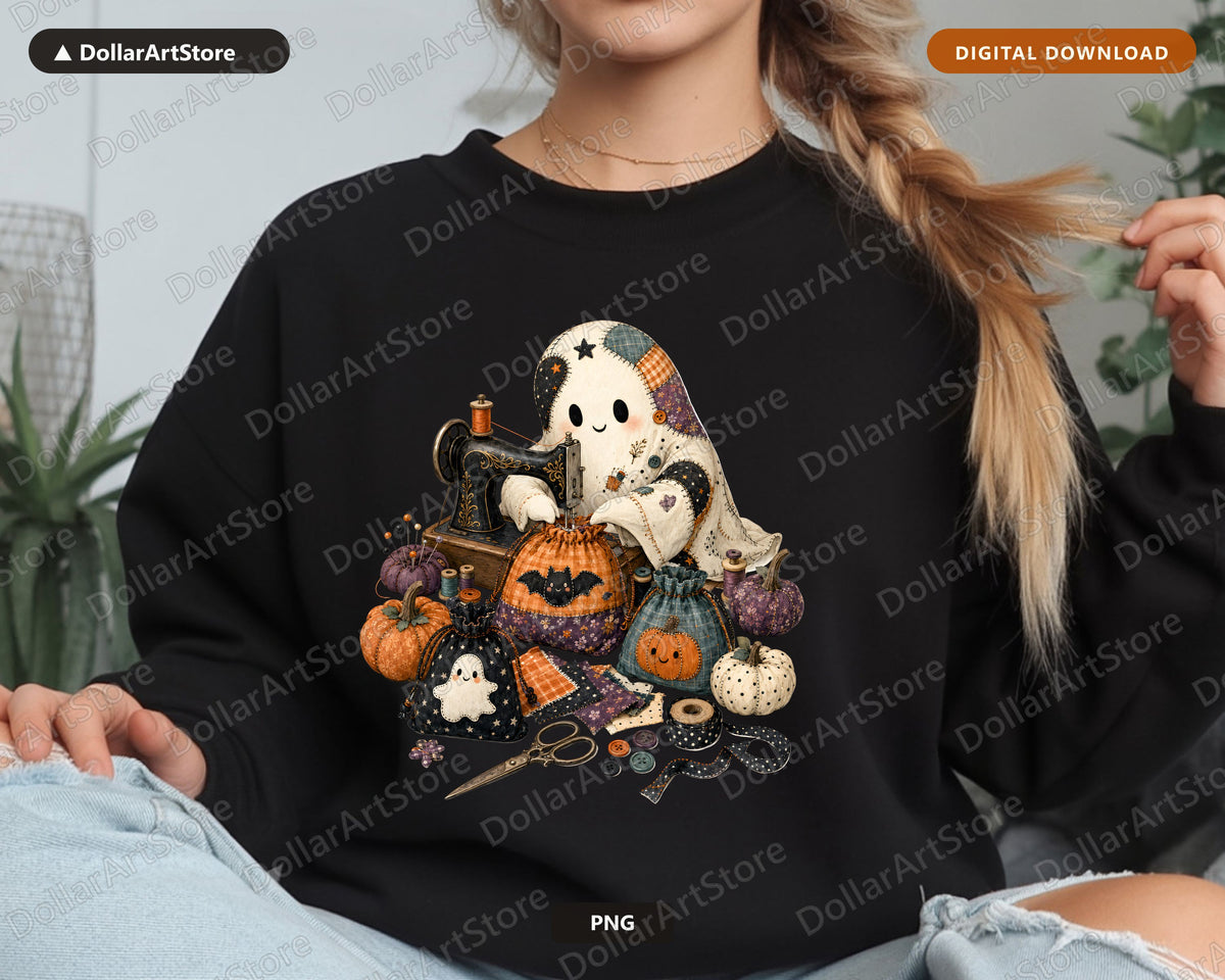 Crafting Ghost PNG, Halloween Sublimation Design, Sewing Witch Shirt Print