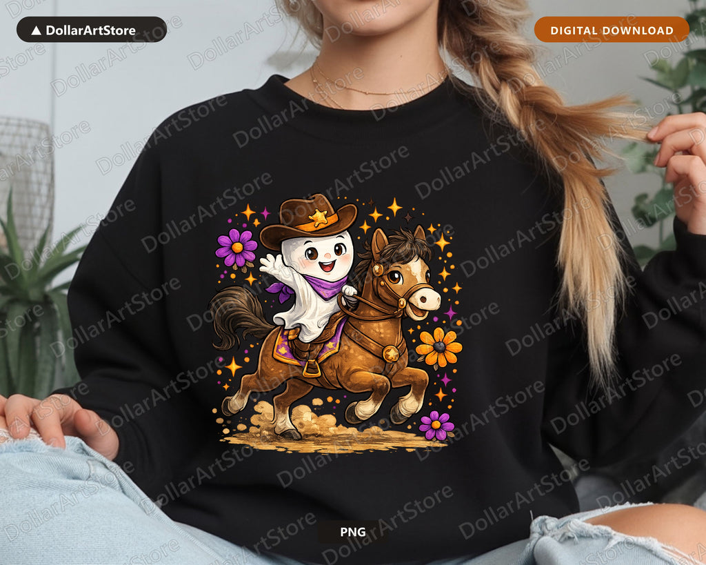 Cute Ghost Cowboy PNG, Sublimation Design, Halloween Shirt Design Digital Download
