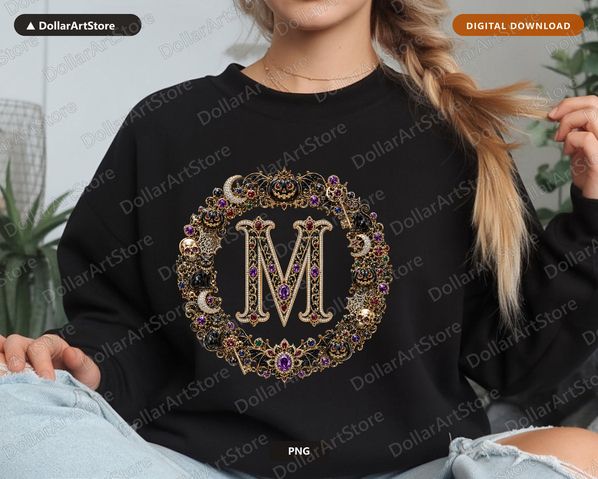 Halloween Monogram M PNG, Spooky Ornamental Letter Design, Sublimation Graphics