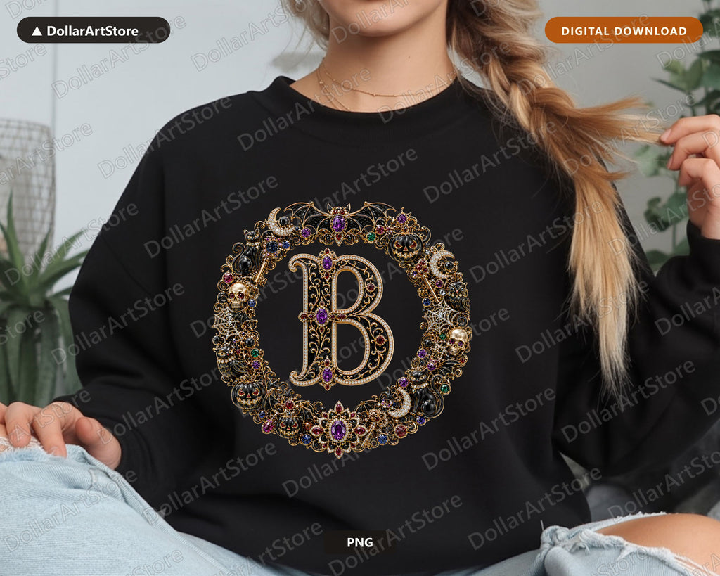 Letter B Halloween Monogram PNG, Gothic Jewelry Design, Sublimation Download