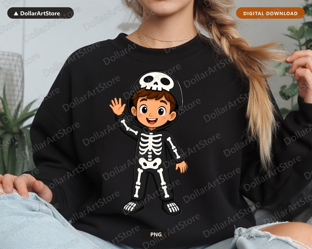 Cute Skeleton Costume Kid PNG, Halloween Sublimation Design, Shirt & Tumbler Digital Download