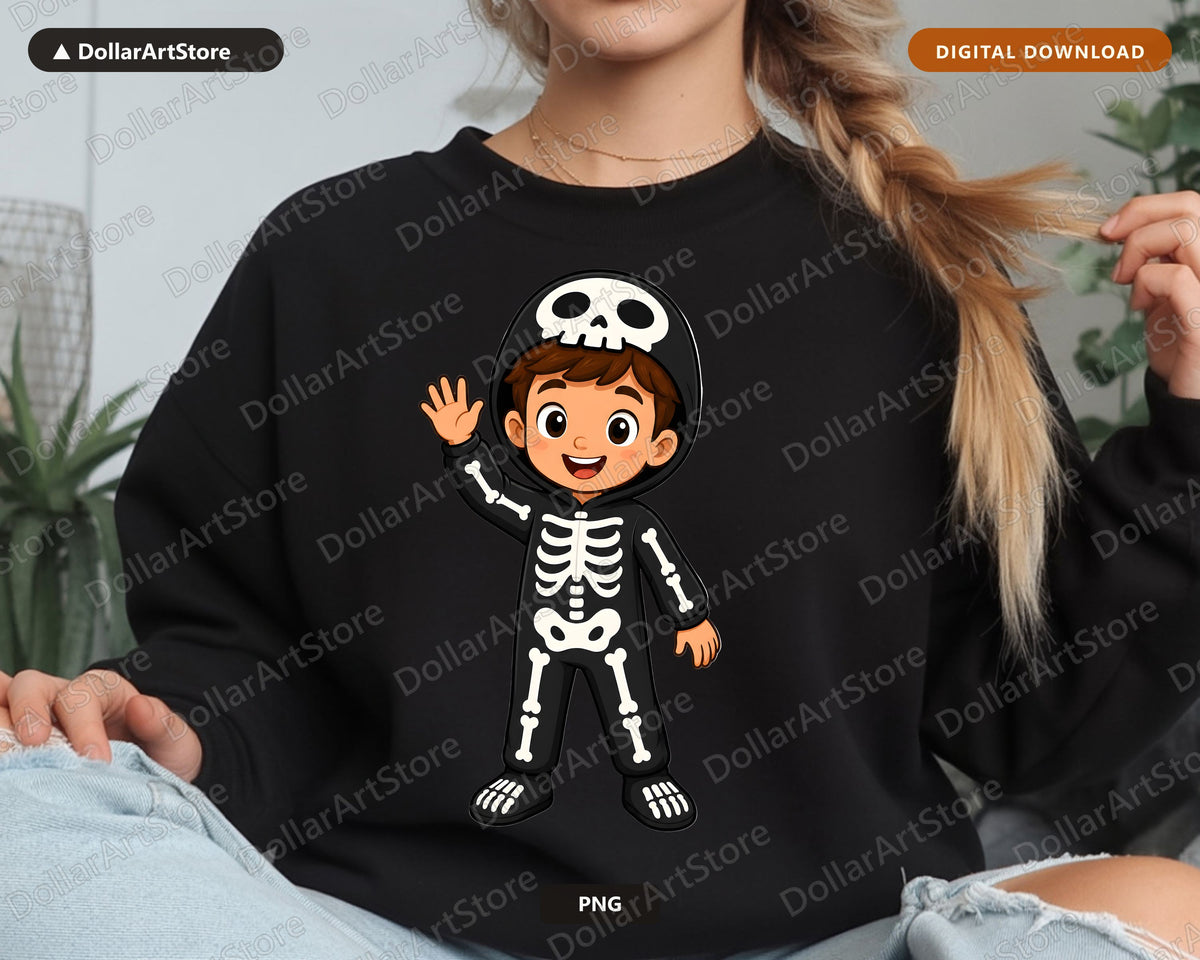 Cute Skeleton Costume Kid PNG, Halloween Sublimation Design, Shirt & Tumbler Digital Download