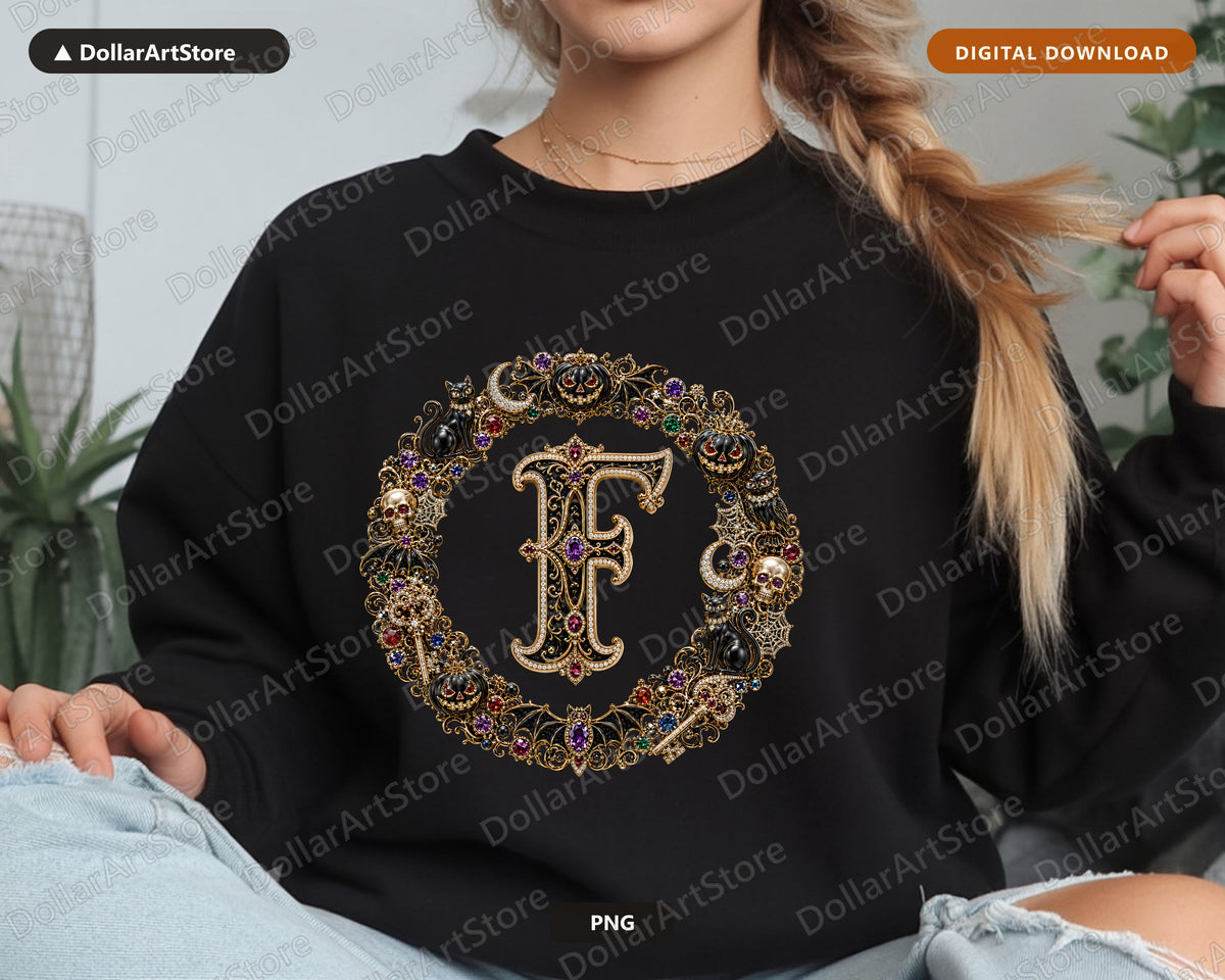Halloween Monogram F PNG, Gothic Letter Design, Sublimation PNG Digital Download