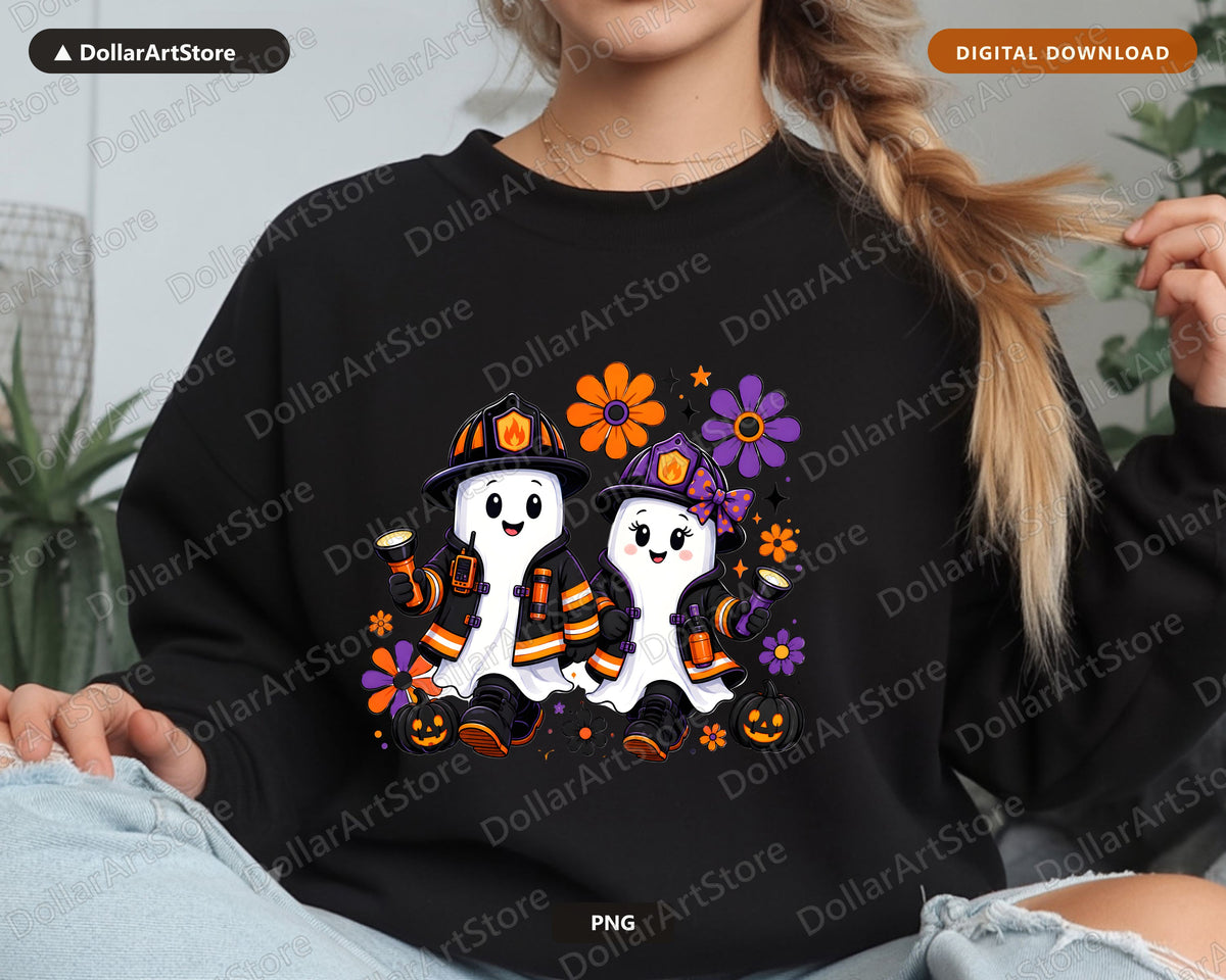 Cute Firefighter Ghosts PNG, Halloween Sublimation Design, Shirt Design Digital Download