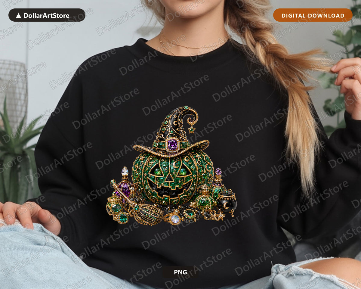 Luxury Witch Hat Pumpkin PNG, Gothic Halloween Design, Sublimation Print