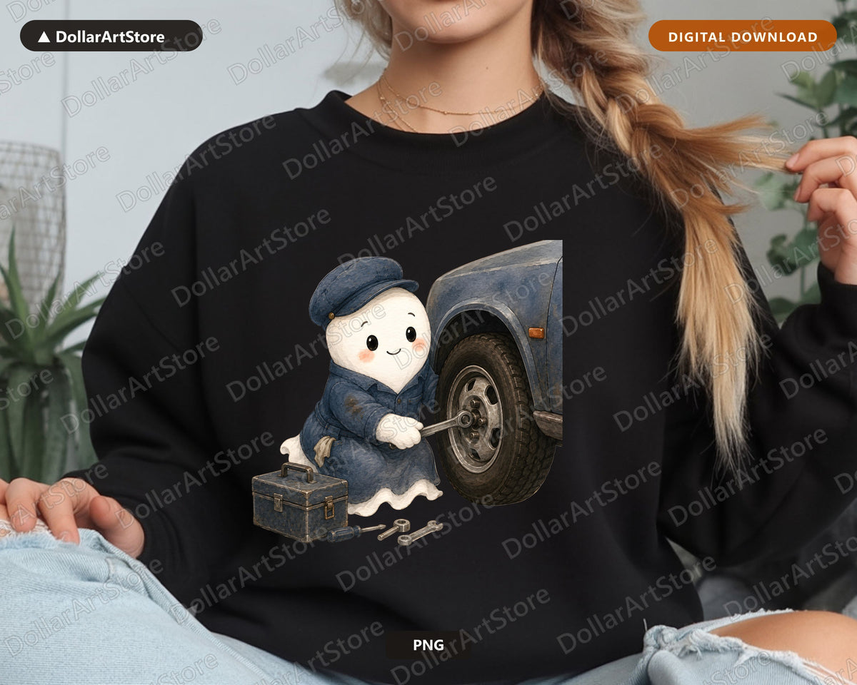 Cute Mechanic Ghost PNG, Vintage Sublimation Design, Shirt Print Digital Download