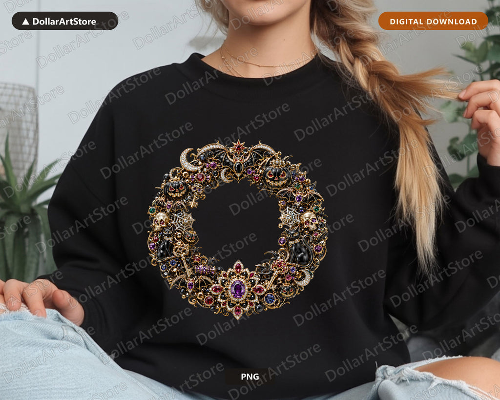 Gothic Halloween PNG, Ornate Wreath Design, Sublimation Shirt Design Digital Download